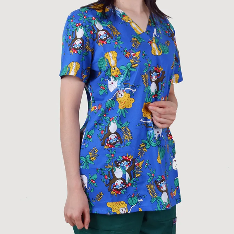 SCRUB TOP 16 Разноцветный принт женский костюм медика Топы Одежда Хлопок хирургическая форма доктор дантист рабочая одежда скраб-топ v-образный вырез лето - Цвет: SCRUB TOP 16