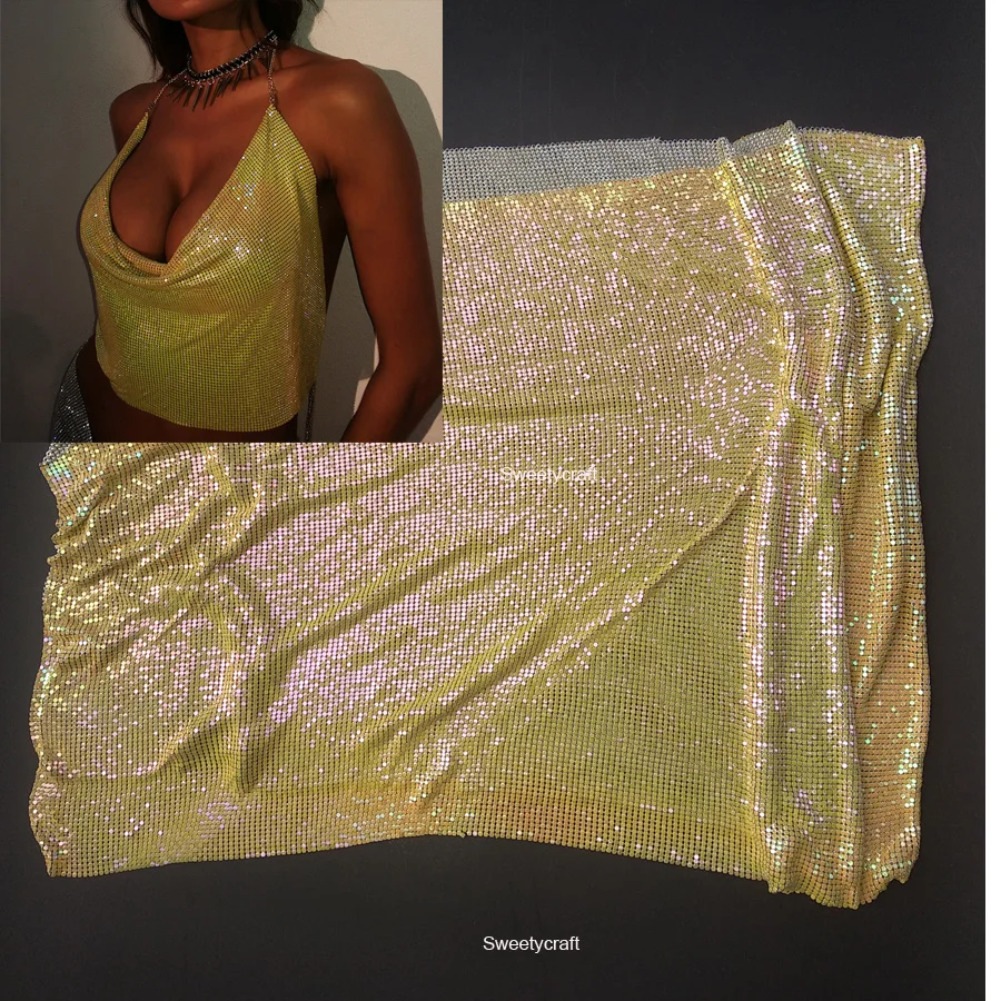 Желтая Переливающаяся металлическая сетчатая ткань с блестками 45*150 см для