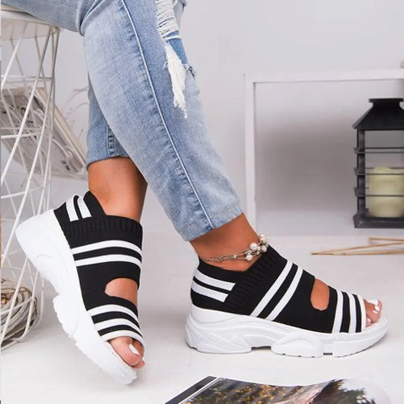 

Women Sandals Wedges Footwear Summer Platform Sandals Shoes Female Slip On Peep Toe Knitted Ladies Sneakers Casual 2021