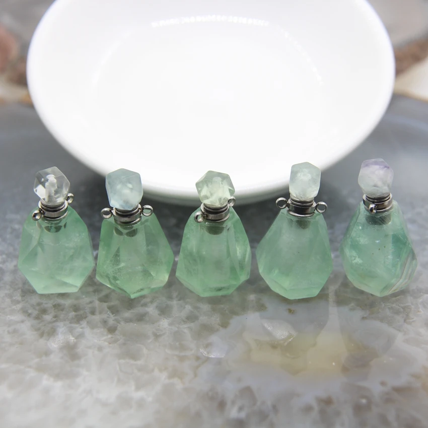 

Big Sale! 5pcs/lot Light Green Fluorite Perfume Bottle Pendants,Stainless steel Bail Faceted Essential Oil Diffuser Vial Charms