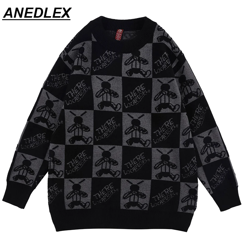 

2021 Hip Hop Streetwear Knitted Sweater Cartoon Ant Plaid Print Pullover Men Women Winter Harajuku Cotton Loose Casual Sweater