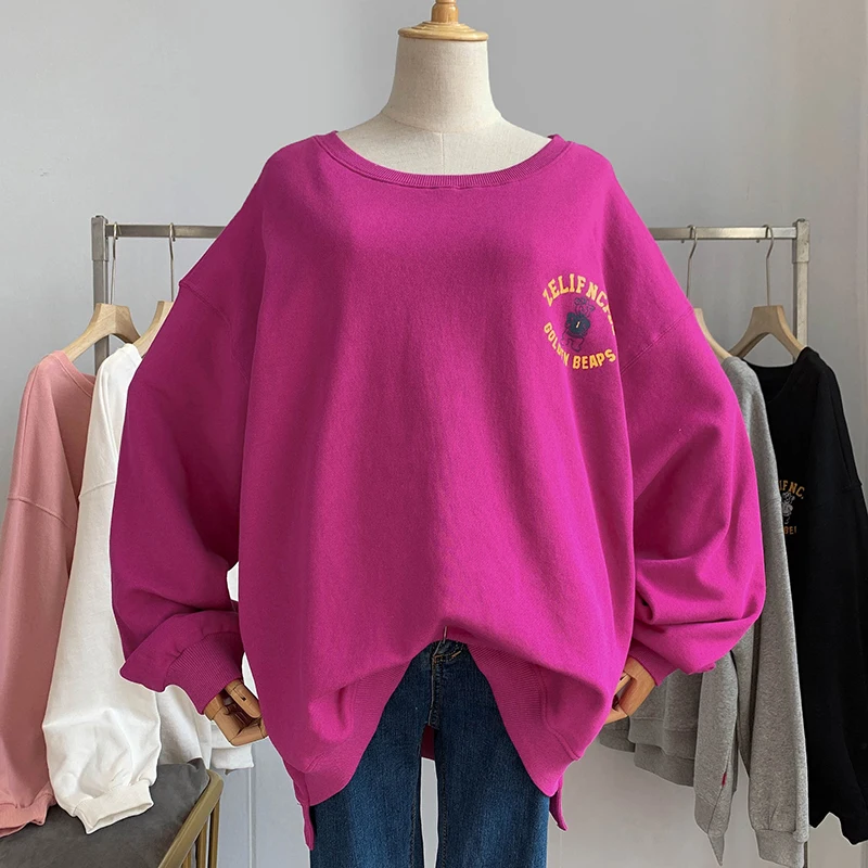 

2021 Spring Autumn Sweatshirt Loose Large Size Plump Girls Slim Top Printed Cartoon Terry Cotton Hoodie Fashion Solid Sweatshirt