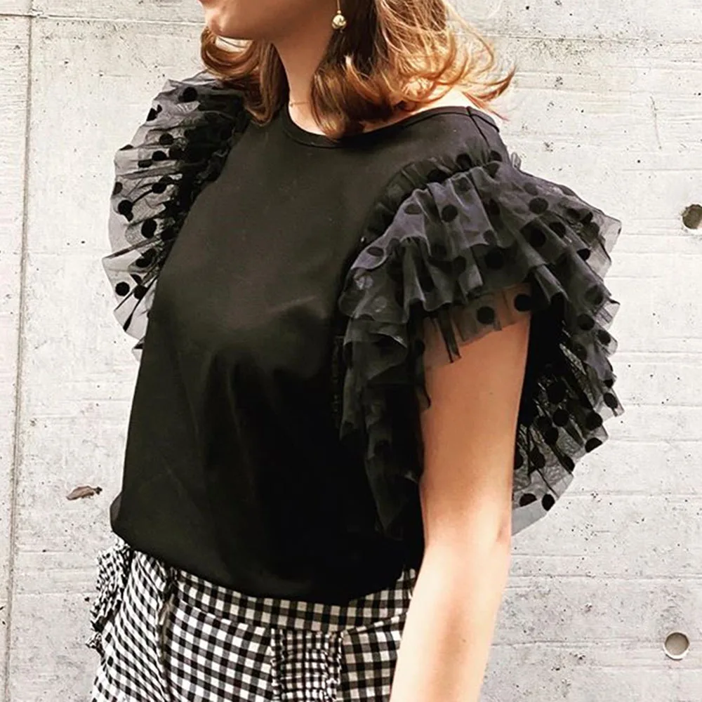 Черные женские футболки топы летние сетчатые рукава повседневные модные 2020 с