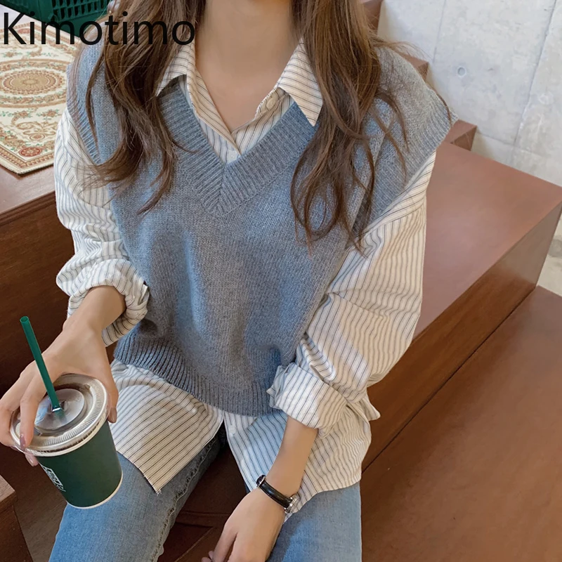 

Kimotimo V Neck Waistcoat Women Korean Chic Simplicity Overlap Solid Sleeveless Pullover Autumn Outwear All-match Sweater Vest