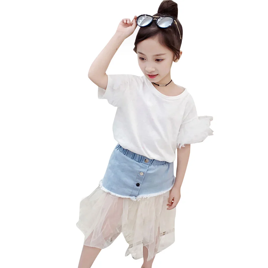 Комплект летней одежды для девочек Однотонная футболка и джинсовая юбка
