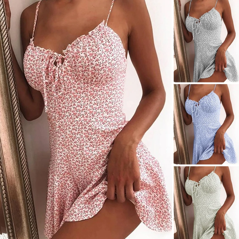 

2021 Women Summer Dress Sexy Sling Floral Print Ruffled Dress Sleeveless Mini Dress For Femmes Tie Front V Neck Party Dress