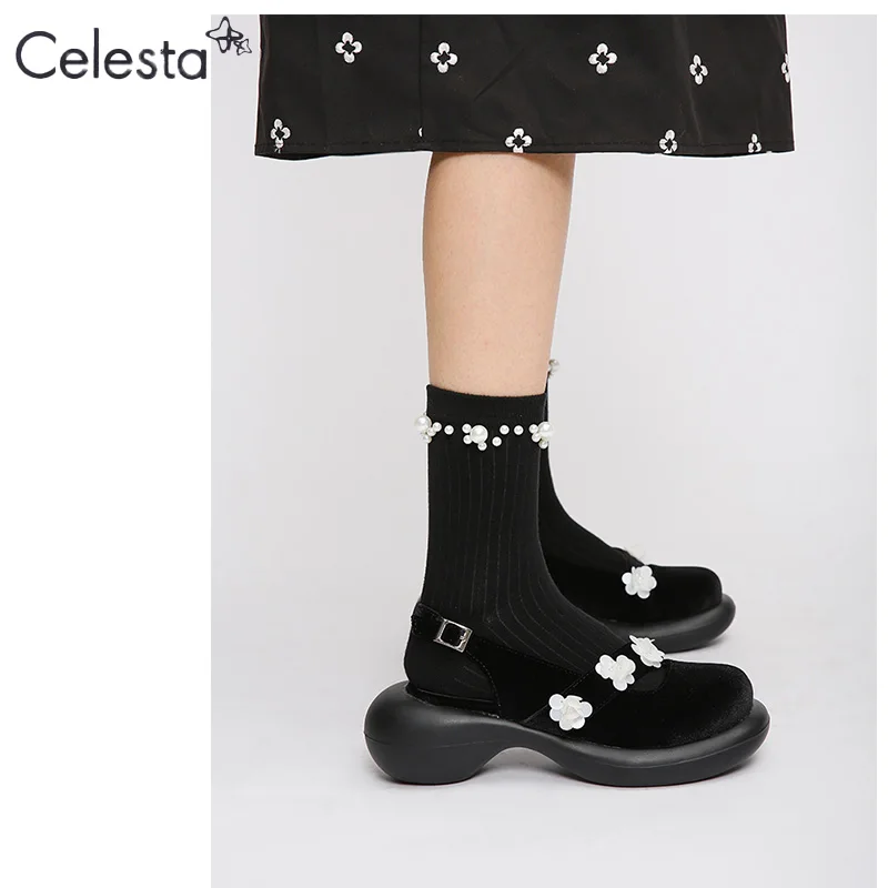 

Обувь Celesta в японском стиле с ремешком на щиколотке и круглым носком на высоком каблуке, шлепанцы на платформе с цветами, милая Лолита Jk, Туфл...