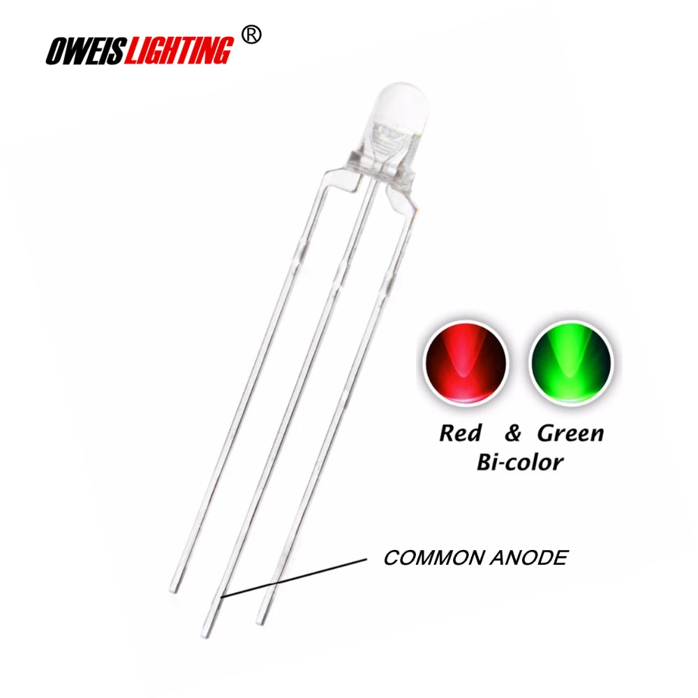 

100PCS 3MM Bicolor LED RED + GREEN / RED + BLUE / BLUE + GREEN DIP-3 Water Clear COMMON ANODE Lamps 20mA ROUND Double Colors
