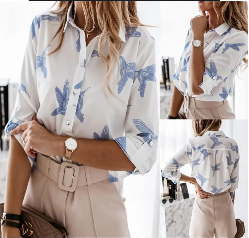 

Printing Bird Women Blouse Shirt Long Sleeve Lapel Collar Tops Shirt Ladies Office Shirts Large Size New Fashion Blouses