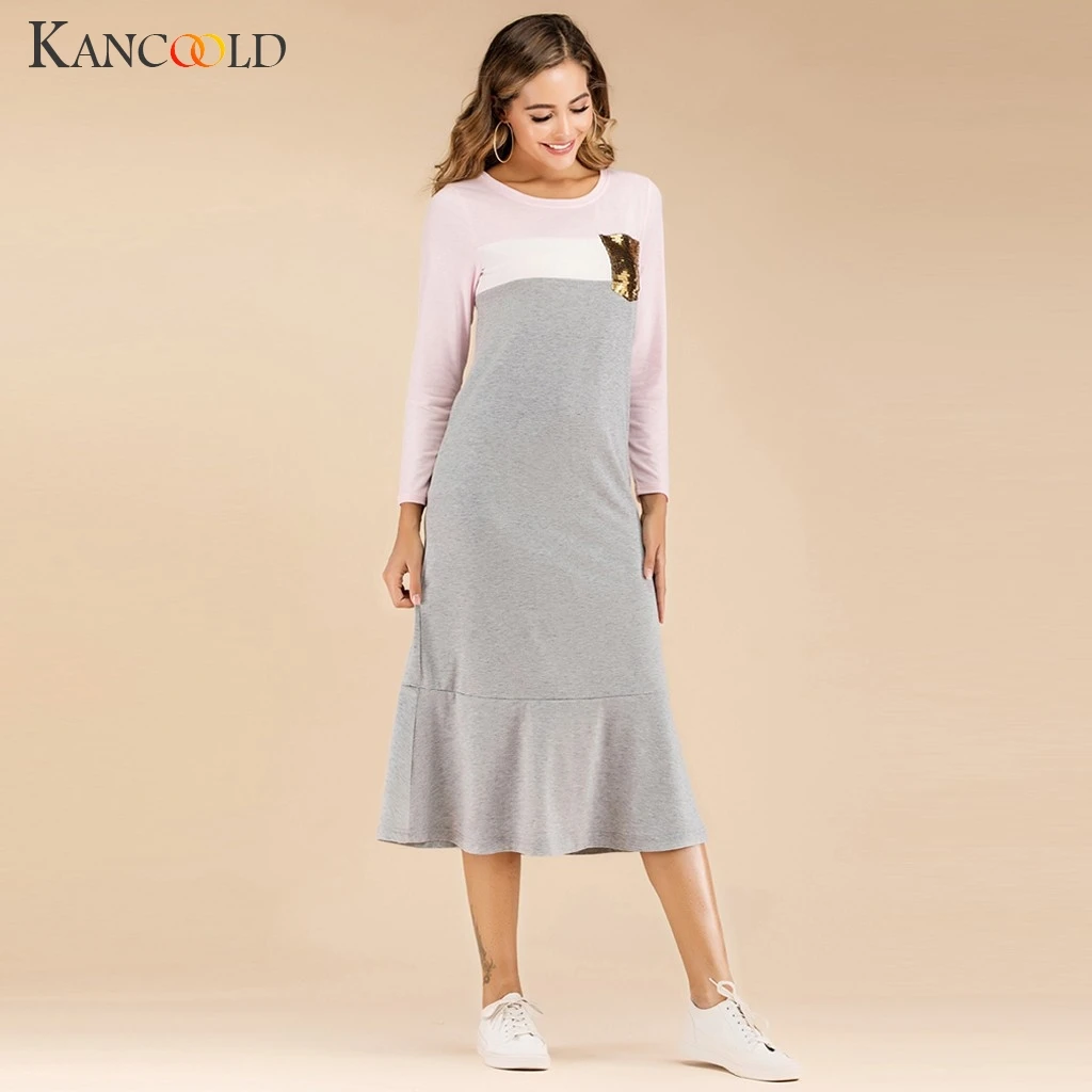 KANCOOLD модное женское платье для отдыха с пайетками и карманами Свободное длинное