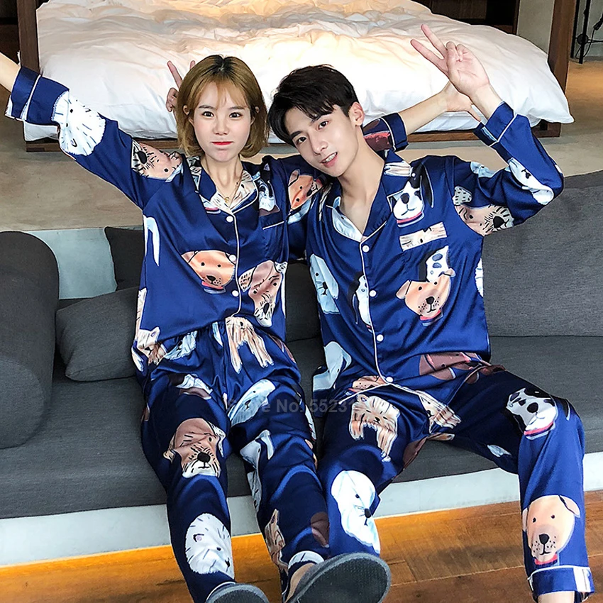 Для пар для мужчин и женщин сатин пижамный комплект 2 шт. Топ штаны спортивный