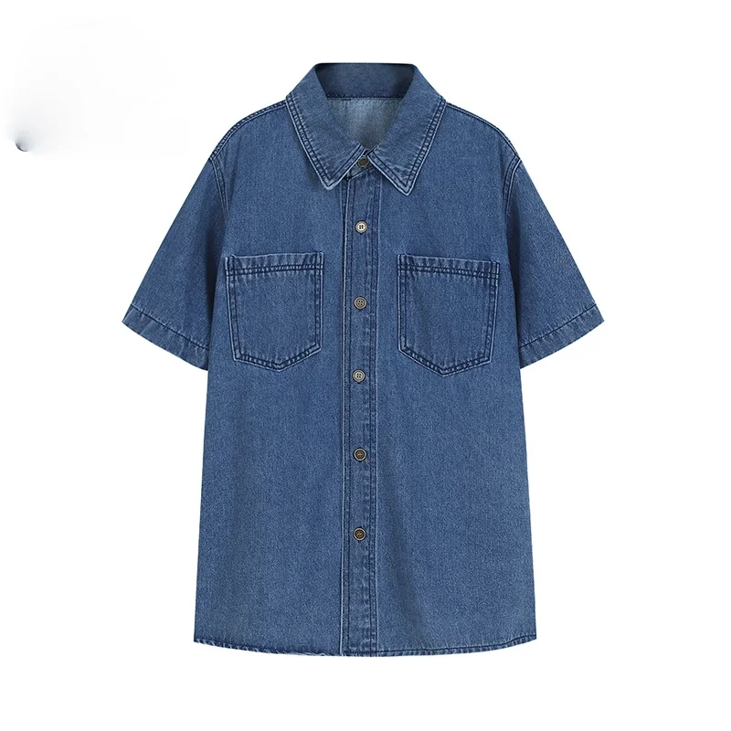 

Women Denim Shirt Summer 2021 Fashion Casual Lapel Short-Sleeve Buttons Loose Thin Blue Tops Girl Student Cotton Shirt Female
