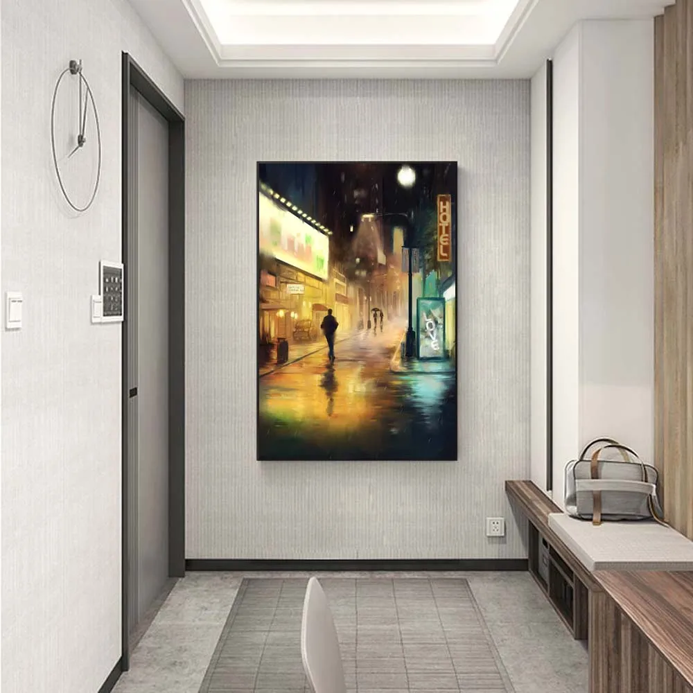 

Figure oil painting night after rain street view art canvas painting living room corridor office home decoration mural