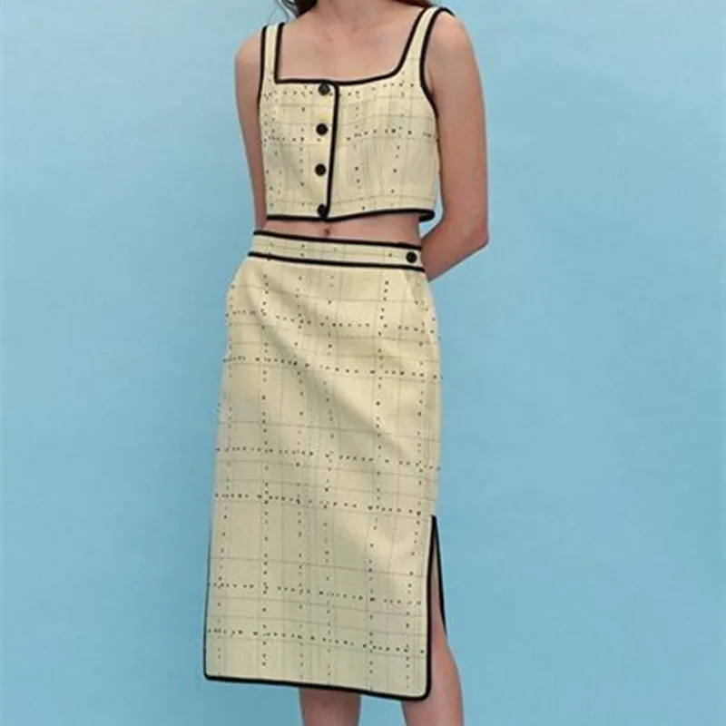 

Yellow Sling Top Women Single Breasted Sleeveless Sweet Summer 2021 Plaid Female Camisole