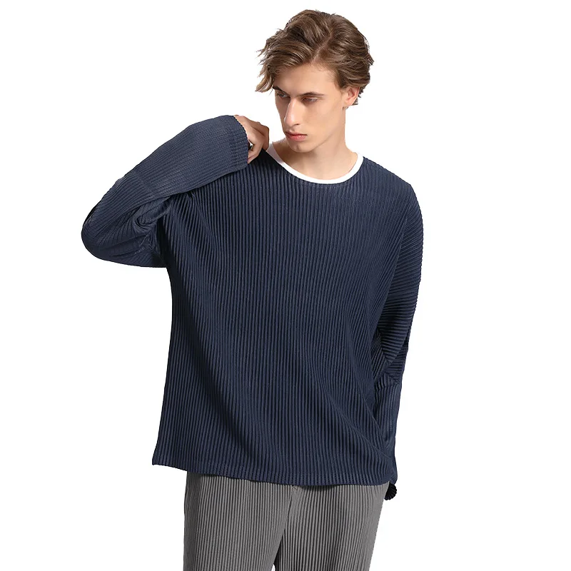 

IEFB Men's Pleated Sweatshirts Japanese Streetwear Fashion Round Neck Long Sleeve Casual Sports Clothing Spring New Pullover Top