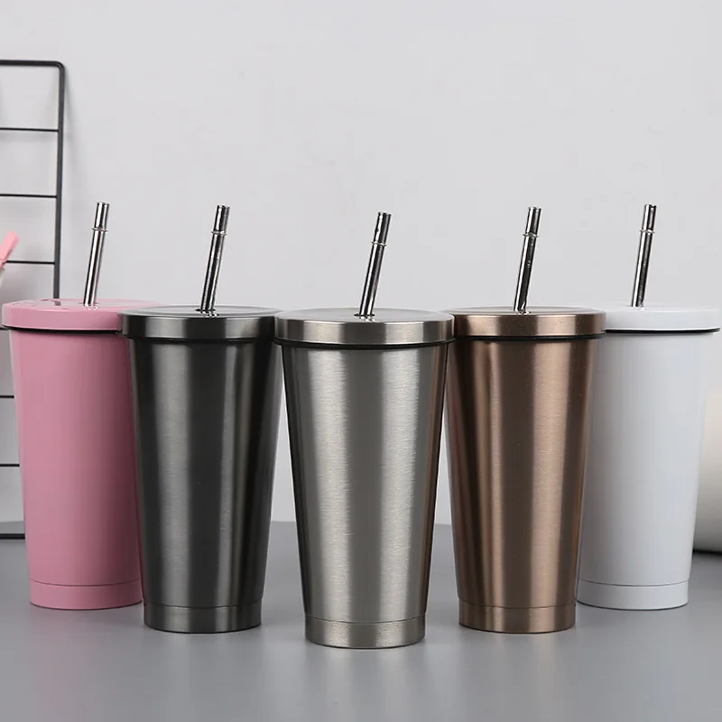 

16oz Thermos Bottle Stainless Steel Straw Tumbler Cup Vacuum Car Coffee Mug Insulation Thermal Cup With Steel Straw