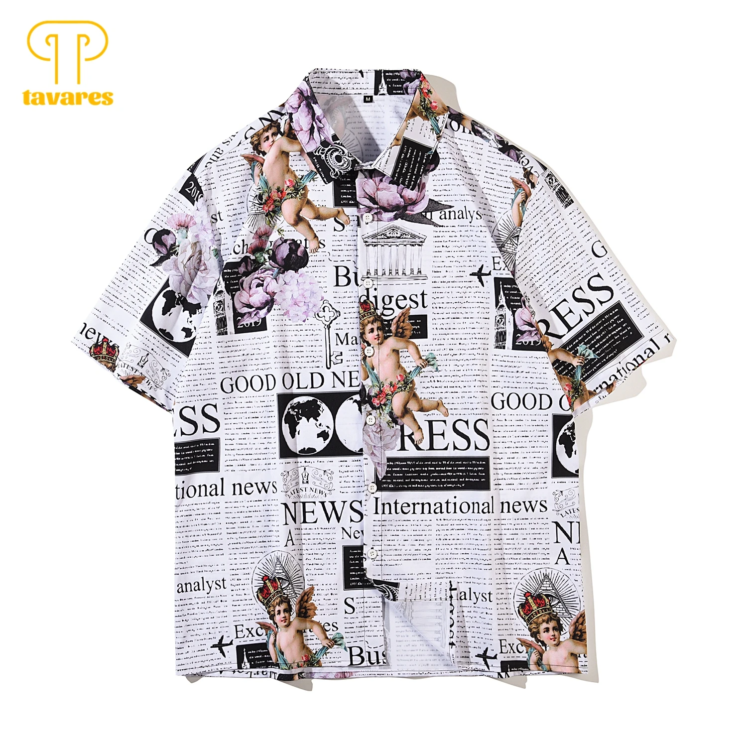 

TAVARES Casual Shirts Men Summer Short Sleeve Shirt Angel Cupid Letter Floral Women Hawaii Beach Blouses Baggy Oversize Cardigan