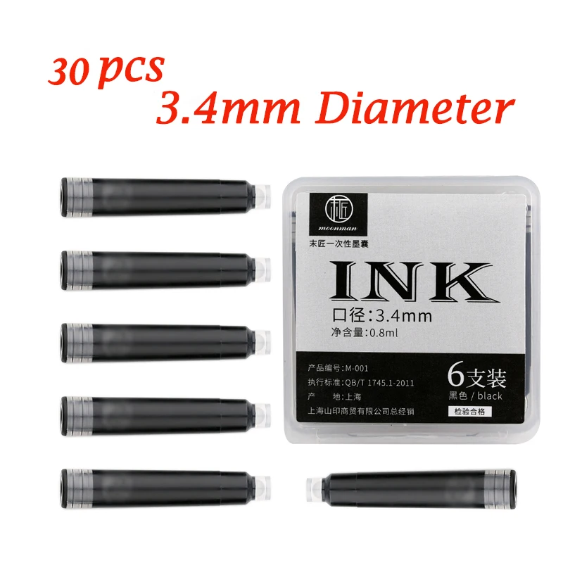 Ink Supplies 30PCS Ink Cartridges 3.4mm Dia for Hongdain Moonman N1 / Moonman Wancai Mini / Yongsheng Fountain Pens -- Black