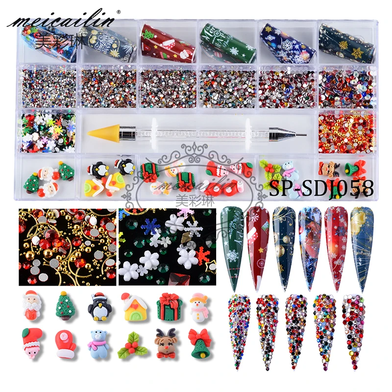 

2021 3D Resin Christmas Tree Mix Color Rhinestone Transfer Foil Snowflake Sequins Charms for Nail Art Decoration Jewelry Set Kit