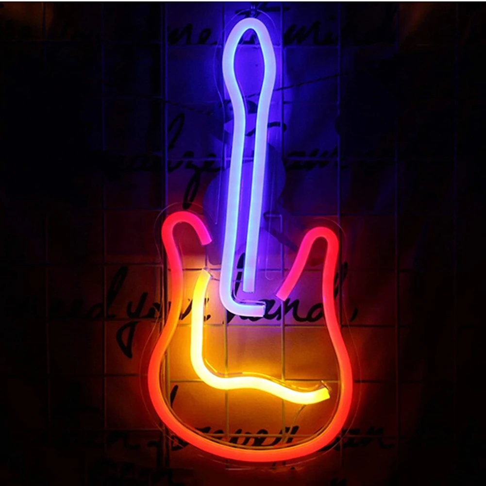 

LED Neon Light Acrylic Guitar Shaped Wall Mounted Lighting Atmosphere Lamp for Bar Party Blue + Yellow + Red