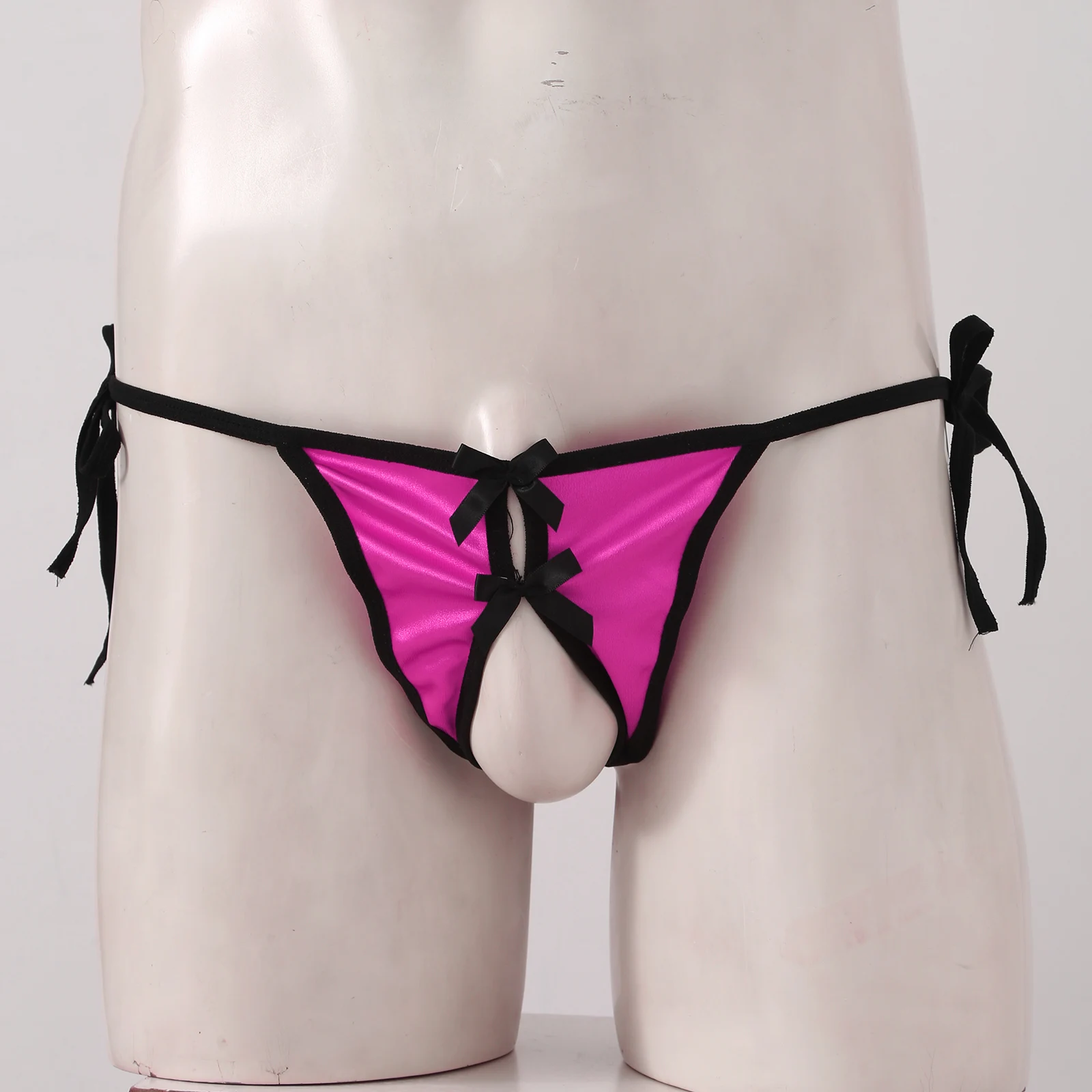

Sexy Mens Bowknot Lingerie Satin Thongs Panties Low Waist Lace-up T-back Sexy Underwear Open Butt Crotchless Briefs Underpants