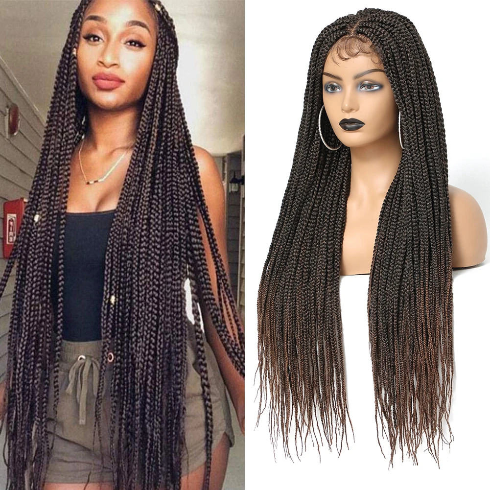 Braided Wigs 30 Inch Long Box Braids Lace Front Wigs With Baby Hair Synthetic Box Braids Wigs Black Ombre Brown For Black Women