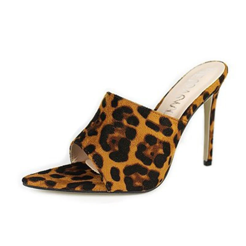 Женские мюли новинка 2019 летние сандалии на тонком высоком каблуке с леопардовым