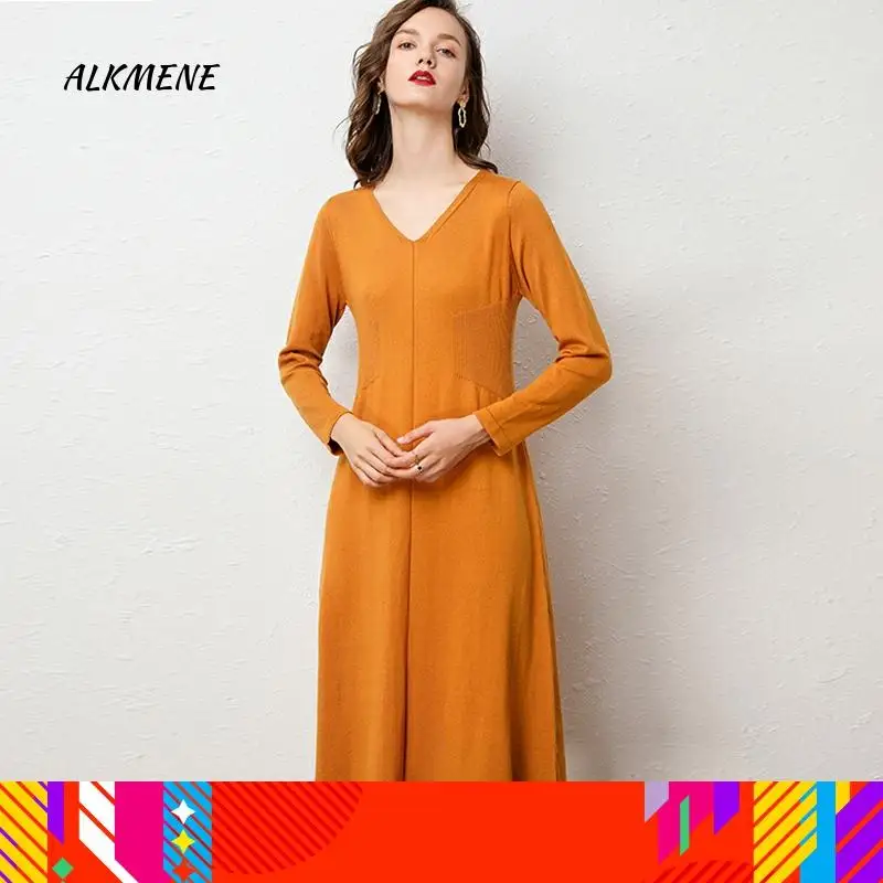 ALKMENE Long V-neck sweater dress high waist stretch thick long skirt female 2019 spring and autumn new women's sexy home | Женская