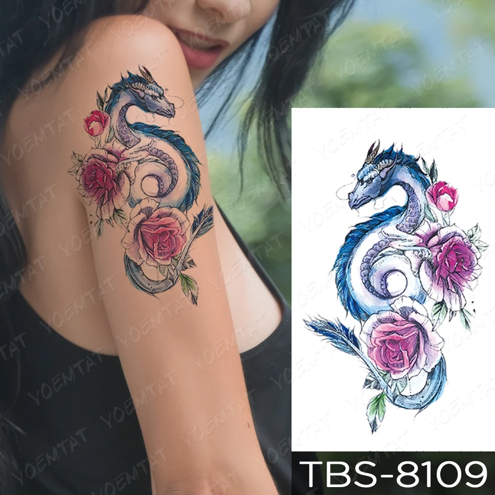 

Dragon Tattoo Sticker Blue Snake Red Rose Peony Waterproof Temporary Tato Small Shoulder Arm Man Women Glitter Kids Tatu 2021