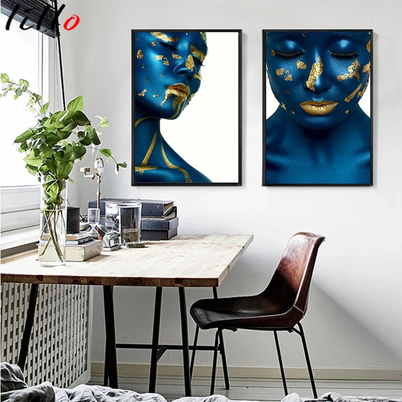 Настенная картина в скандинавском стиле с изображением женщины синего и