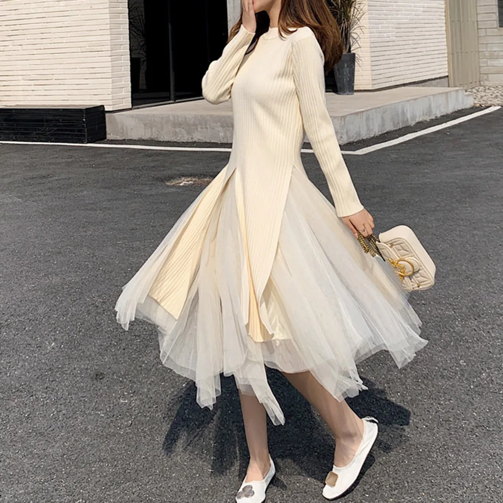 

Корейское черное платье-свитер 2020 осеннее милое Сетчатое лоскутное зимнее платье с длинным рукавом Vestidos асимметричное трикотажное платье ...