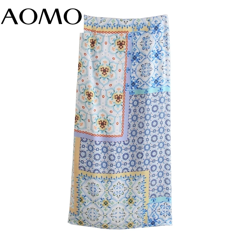 

AOMO Women Flowers Print Beach Midi Skirt Faldas Mujer Vintage Ladies Elegant Chic Mid Calf Skirts 5Z179A