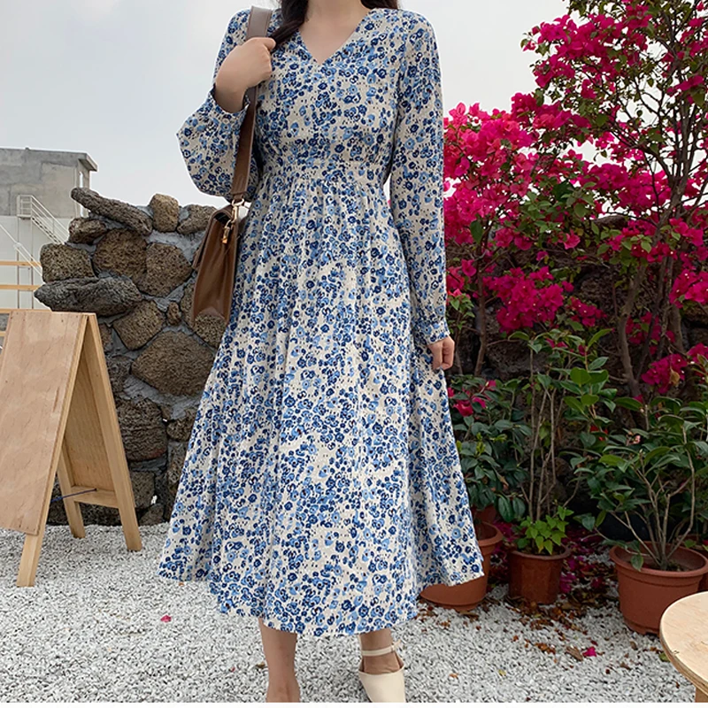 

2022 New Oversized Women Dress Long Sleeve Summer Sundress V-Neck Print Floral Vestidos Loose A-Line Female Robe Dress KE1065