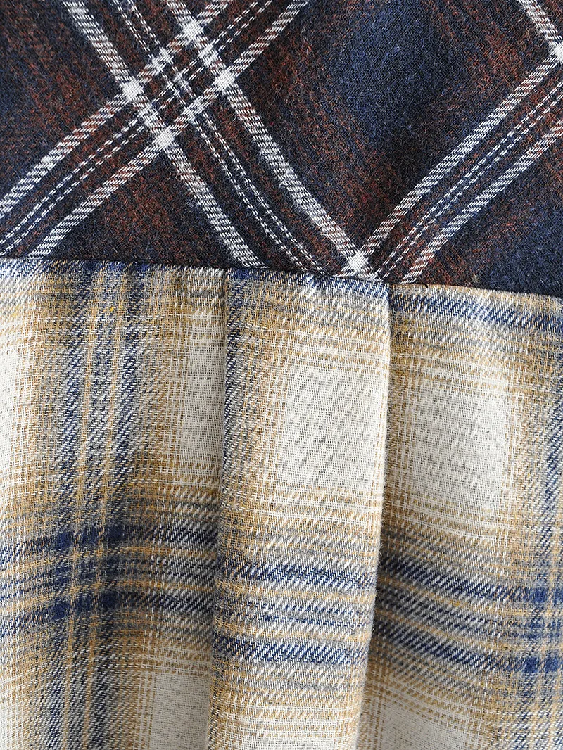 

Spring Autumn Contrast Color Plaid Shirt Women Vintage Casual Long Sleeve Blouse Women Tops With Pocket