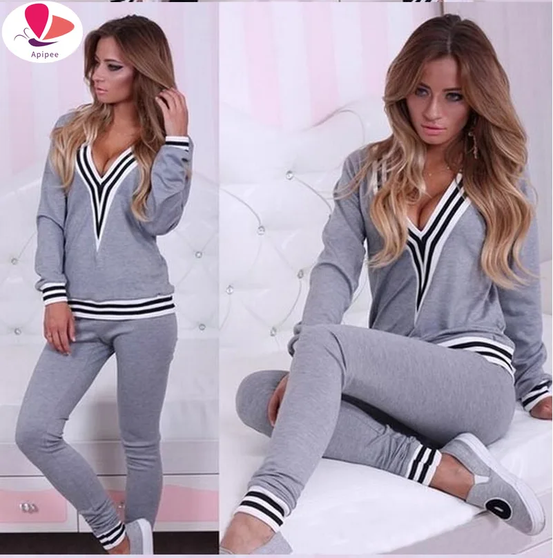 

Женская однотонная блузка с длинным рукавом и V-образным вырезом, топ и штаны на шнуровке, спортивный костюм, спортивные рубашки, осенне-зимн...