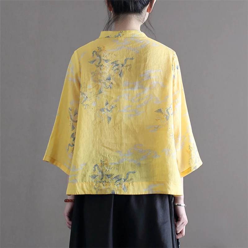 Женские блузки из рами QPFJQD с цветочным принтом воротником-стойкой и рукавом семь