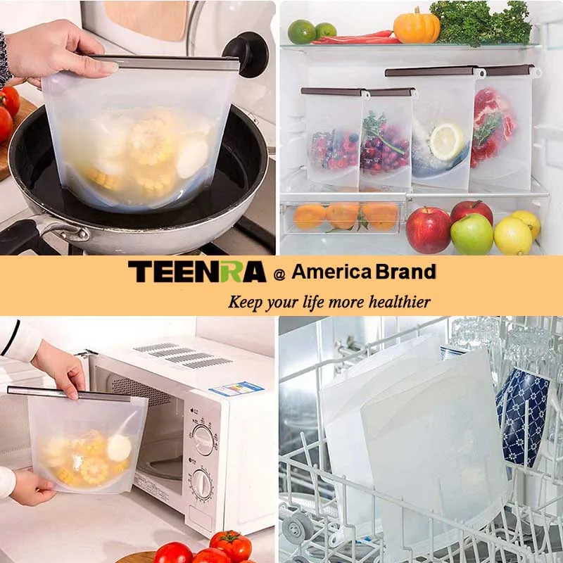 

4Pcs Reusable Seal Silicone Food Fresh Bag Ziplock Food Storage Bag Vacuum Sealing Bag Refrigerator Container Tools