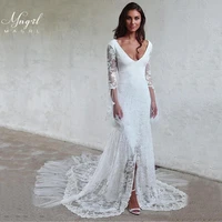 mngrl wedding dress simple retro mermaid v neck white backless tail wedding gown 3d flower lus size bridal dresses