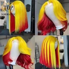 Topnormantic шелковистые прямые кружевные передние Remy человеческие волосы боб парики для женщин хайлайтер красный желтый прямые боб парики Preplucked