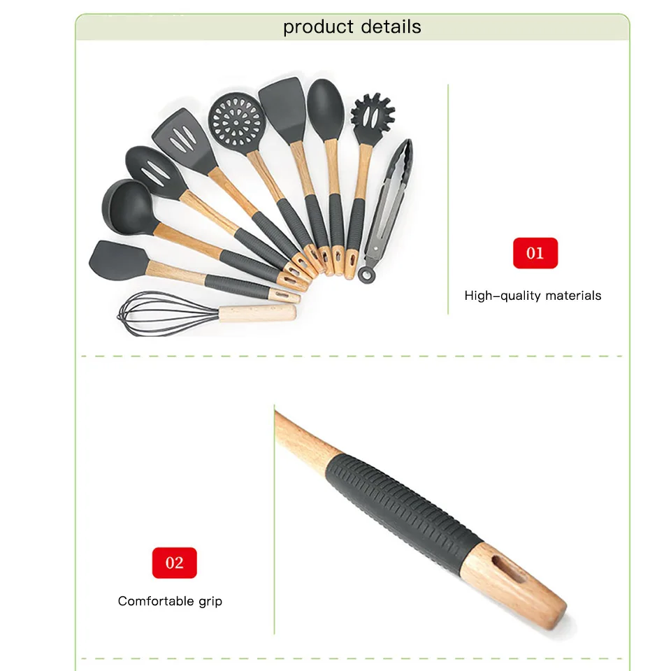 10 шт. силиконовые кухонные принадлежности с деревянной ручкой | Дом и сад