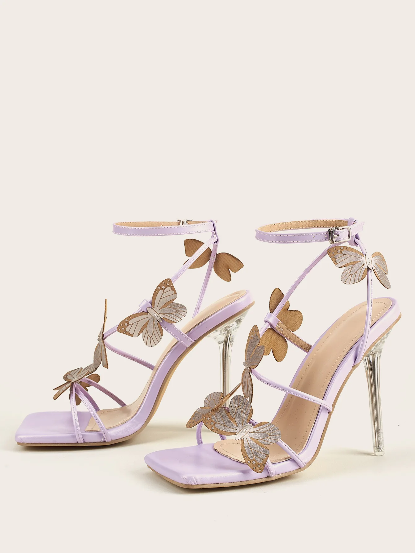 

2021 New Women's Peep Toe High Crystal Heels Stilettos Buckle Sexy Sandals Shoes Purple Butterfly Decor