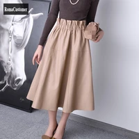 genuine leather skirt womens autumn winter new sheepskin folds elastic waist pockets elegant solid high waist a line skirt