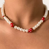 creative simulation pearl beaded necklace for women girls red color white dot print strawberry chokers necklace cute accessories