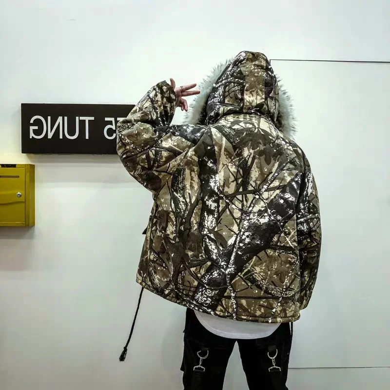 Popular Style Man's Cotton Parkas Vintage Printed with Faux Fur Collar Trend Outerwear Coat & Jacket for Male Plus Big Size XXXL