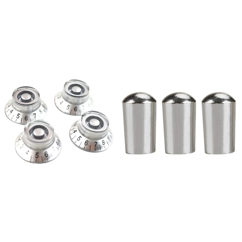 

4 Pcs Silver Top Hat Electric Guitar Knobs & 3Pcs Guitar Switch Tip