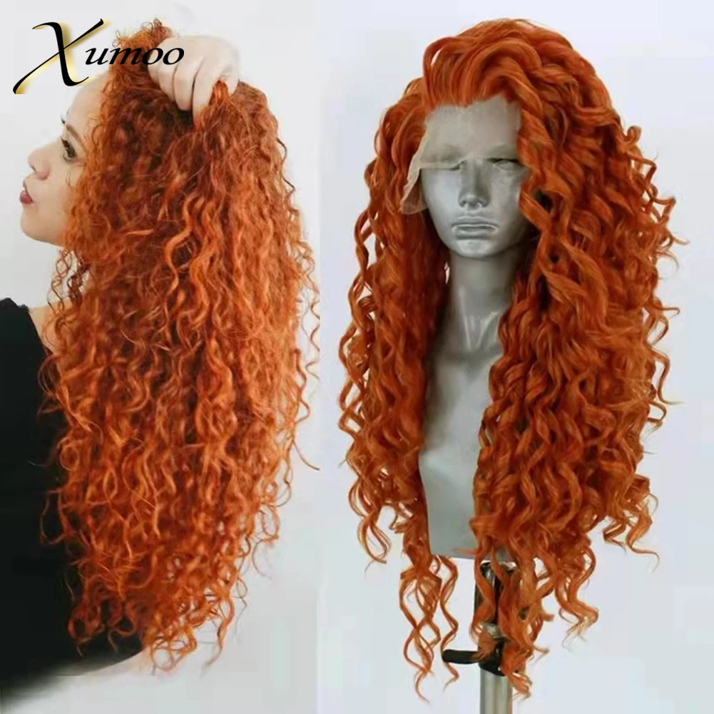 

Парик для косплея для черных женщин, термостойкий синтетический, с кудрявыми синтетическими кружевами, без клея, оранжевый, с глубокой волн...