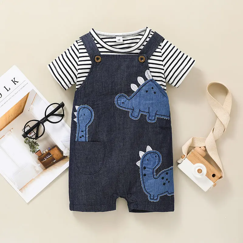 

Summer 2Pcs Baby Boy Casual Clothing Sets Newborns Infant O-Neck Short Sleeve Stripe T-shirt Cartoon Overalls Outfits Playsuits