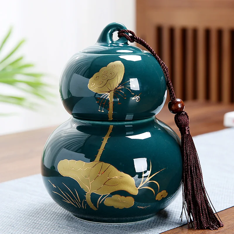 Lata de té de cerámica con forma de calabaza, accesorios de Ceremonia de té, caja de almacenamiento de especias, tarro de almacenamiento de estilo chino, decoración del hogar