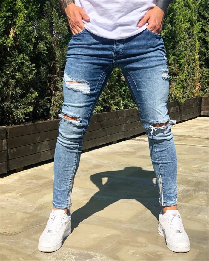 

Mens Ripped Jeans For Man Casual Blue Skinny Slim Fit Denim Pencil Pants Biker Jeans Distressed Denim Trousers Ankle Zipper 2020
