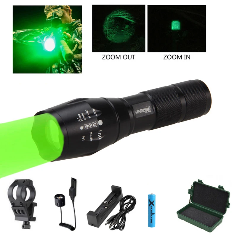 

Q5LED Tactical Flashlight Green Light A100 Zoomable Torch Waterproof USB Rechargeable Outdoor Hunting Fishing LightWith Box18650